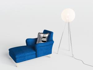 蓝色带扶手的美人榻贵妃椅、落地灯