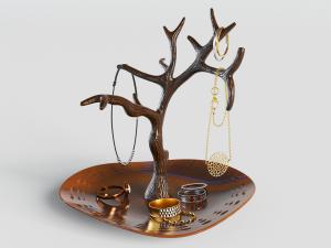 树枝造型收纳架上的珠宝首饰