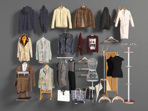 服装店衣架上夹克、风衣和西装衣服3d模型 服装店衣架上夹克、风衣和西装衣服