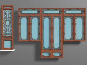中式带实木雕花装饰的平开门、平开窗