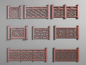 中式红色实木护栏栏杆3d模型 中式红色实木护栏栏杆