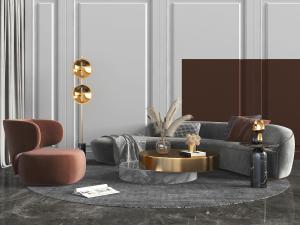 现代弧形灰色多人沙发、单人沙发茶几组合