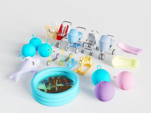 儿童婴儿推车、游泳池和健身球游乐设施设备3d模型 儿童婴儿推车、游泳池和健身球游乐设施设备