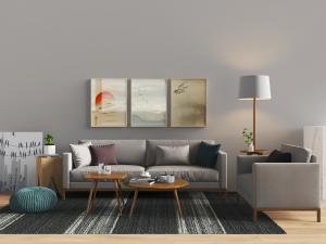 北欧灰色双人沙发、单人沙发和实木茶几组合