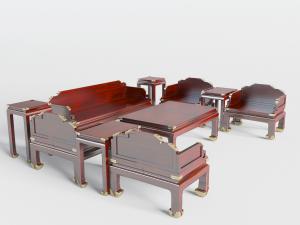 中式红木实木雕花构件多人沙发、双人沙发和茶几组合