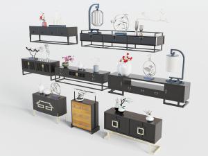 中式铁艺电视柜和饰品摆件