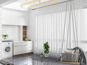 阳台、洗衣机、储物柜、吊椅、晾衣架