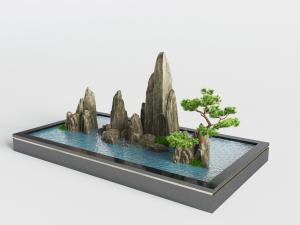 中式假山松树水池景观小品