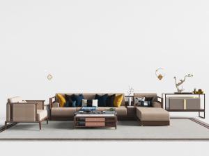 新中式多人转角单人沙发茶几组合