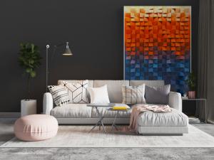 现代北欧灰白色转角多人沙发、圆形坐垫和茶几组合模