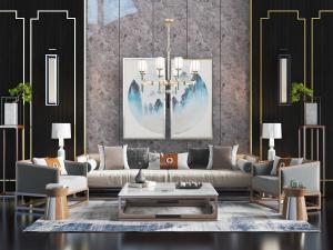 新中式多人单人沙发茶几组合