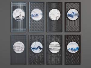 中式中间嵌入圆形水墨画的隔断3d模型 中式中间嵌入圆形水墨画的隔断