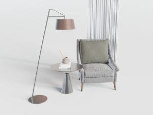 新中式灰色单人沙发、边几和落地灯3d模型 新中式灰色单人沙发、边几和落地灯