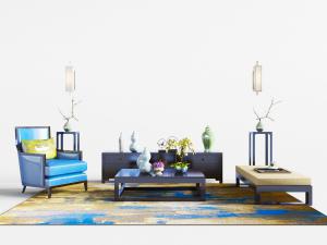 新中式单人沙发贵妃椅和茶几组合