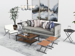 中式多人沙发、折叠凳和茶几组合3d模型 中式多人沙发、折叠凳和茶几组合