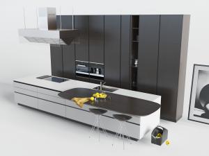 现代黑白整体橱柜高柜和带餐桌的厨房中岛吧台