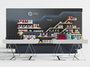 现代化妆品售卖展示桌展示货架装饰墙