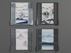 中式实木窗格装饰的屏风