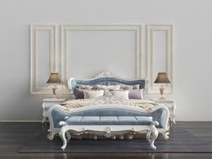 简欧复古白色雕花的蓝色双人床、床尾凳