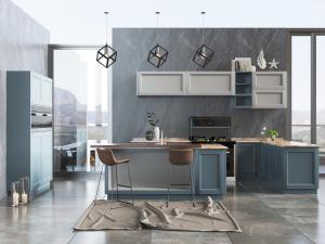 美式蓝色整体橱柜、吧台吧椅组合