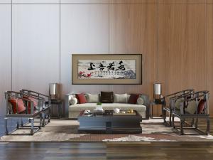 中式古典多人沙发、圈椅和茶几组合