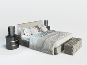 新中式现代皮革床头双人床、床头柜床尾凳