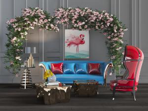 新古典皮革多人沙发、单人沙发和茶几组合