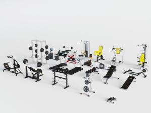 健身房举重器、跑步机和仰卧起坐椅健身器材设施