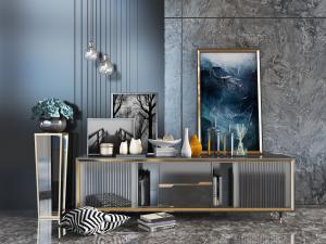 新中式简欧玻璃柜门的电视柜、饰品摆件