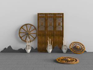 中式民宿车轮、雕花门扇景观小品