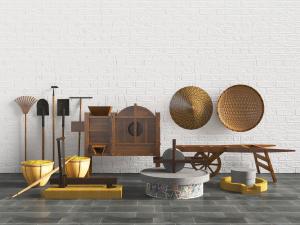 中式民宿石磨推车农用工具