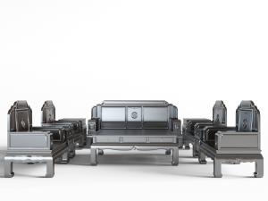 中式古典雕花实木多人沙发、单人沙发和茶几组合