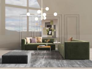 现代果绿色布艺多人沙发、方形坐墩组合