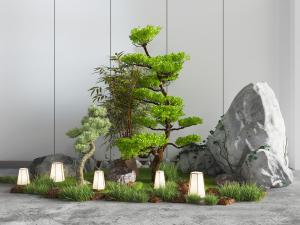 中式庭院松树、假山景观小品