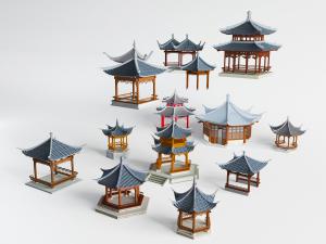 中式建筑公园四角、八角凉亭亭子