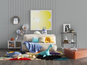 儿童白色布艺双人沙发、玩具玩偶