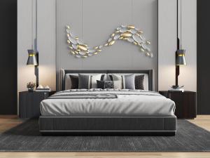 新中式布艺床头软包双人床、床头柜