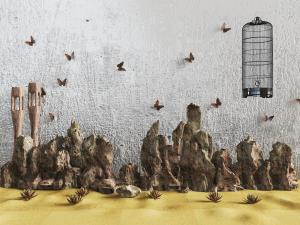 新中式假山石头、鸟笼景观小品