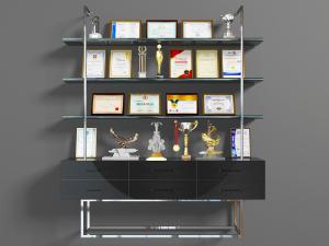 现代装饰置物架上的奖状、奖杯