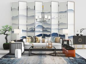 新中式多人沙发沙发凳茶几组合