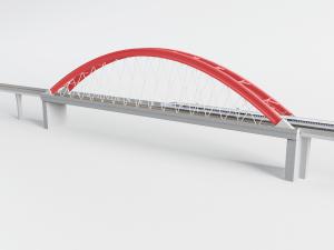 中国的红色拱形结构的高架桥、跨海大桥