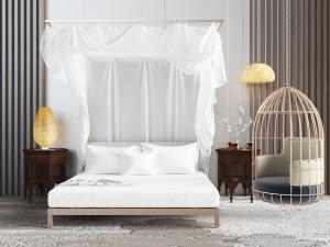 东南亚带床幔的双人床床头柜吊椅