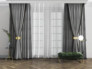现代轻奢灰色窗帘窗纱、沙发凳3d模型 现代轻奢灰色窗帘窗纱、沙发凳