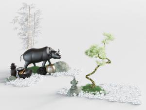 中式松树牛石头景观小品