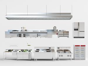 餐厅厨房不锈钢橱柜、洗菜盆、冰柜和灶具