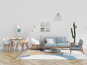 现代北欧实木框架布艺多人沙发、餐桌椅组合