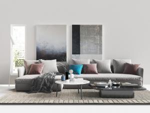 现代布艺转角多人沙发茶几组合