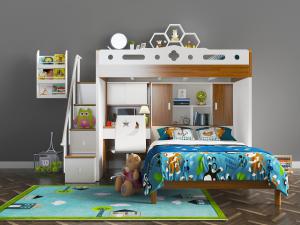 北欧实木撞色带台阶和书桌的上下铺