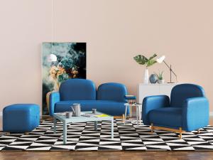 现代蓝色双人沙发、坐墩组合