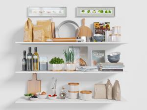 现代隔板上的厨房用品厨具